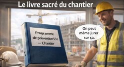 Programme SST (programme de prévention) posé dans un bureau de chantier, utilisé comme document de référence pour la sécurité sur un chantier de construction.