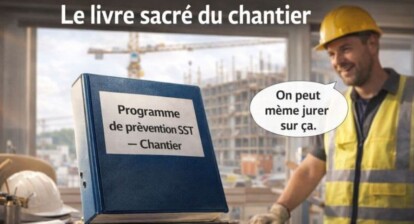 Programme SST (programme de prévention) posé dans un bureau de chantier, utilisé comme document de référence pour la sécurité sur un chantier de construction.