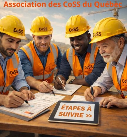 Coordonnateurs en santé et sécurité du Québec réunis autour d’une table, écrivant ensemble les étapes à suivre pour créer l’association des CoSS.