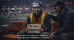Coordonnateur santé sécurité (CoSS) assis sur un banc de football américain, illustrant la réalité du marché de l’emploi CoSS au Québec
