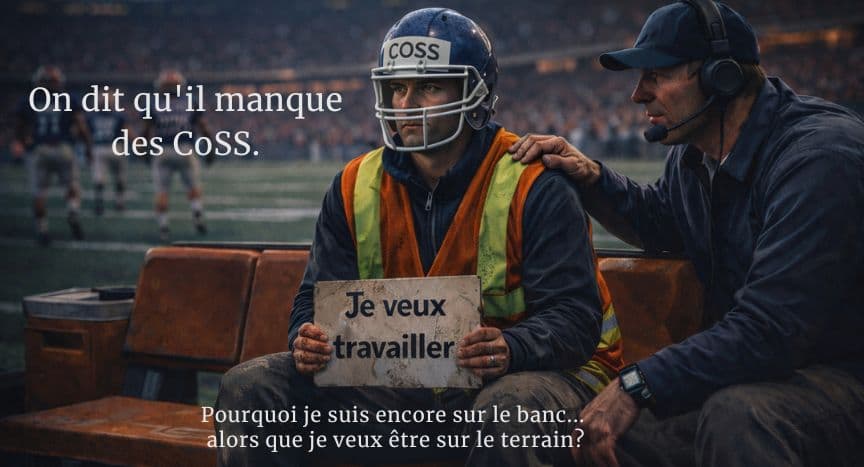 Coordonnateur santé sécurité (CoSS) assis sur un banc de football américain, illustrant la réalité du marché de l’emploi CoSS au Québec